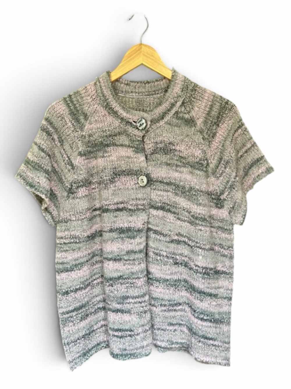 Striped Knit Short Sleeve Cardigan Sweater Gray Pink Button Front Large
